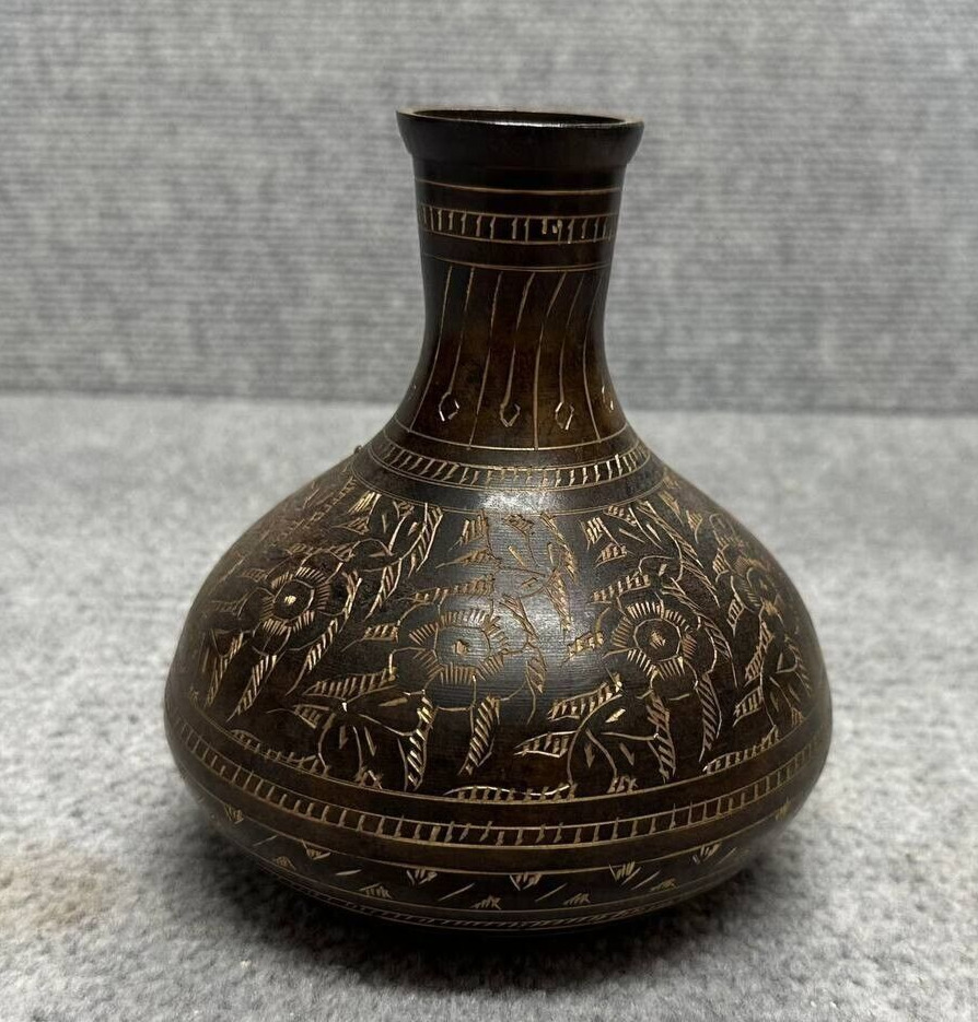 Metal Vase Vintage Floral Engraved Brass Round  Bud Vase