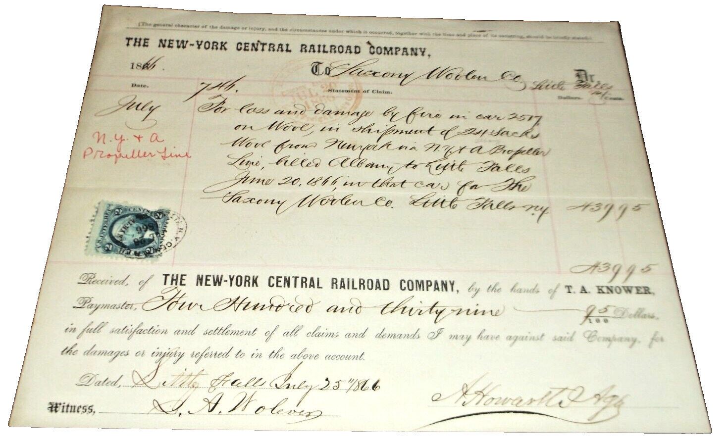 JULY 1866 NYC NEW YORK CENTRAL RAILROAD FREIGHT CLAIM LITTLE FALLS NEW YORK