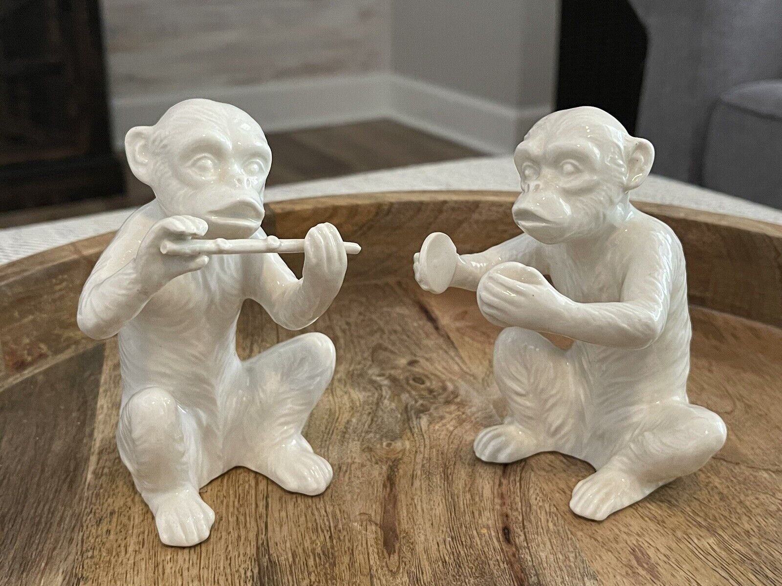 Vintage Fitz And Floyd White Monkeys Playing Instruments Figurines 4.5 In