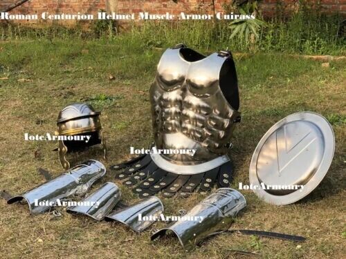 Greek Muscle Cuirass with Roman Centurion Helmet Silver Armor Spartan Shield Arm