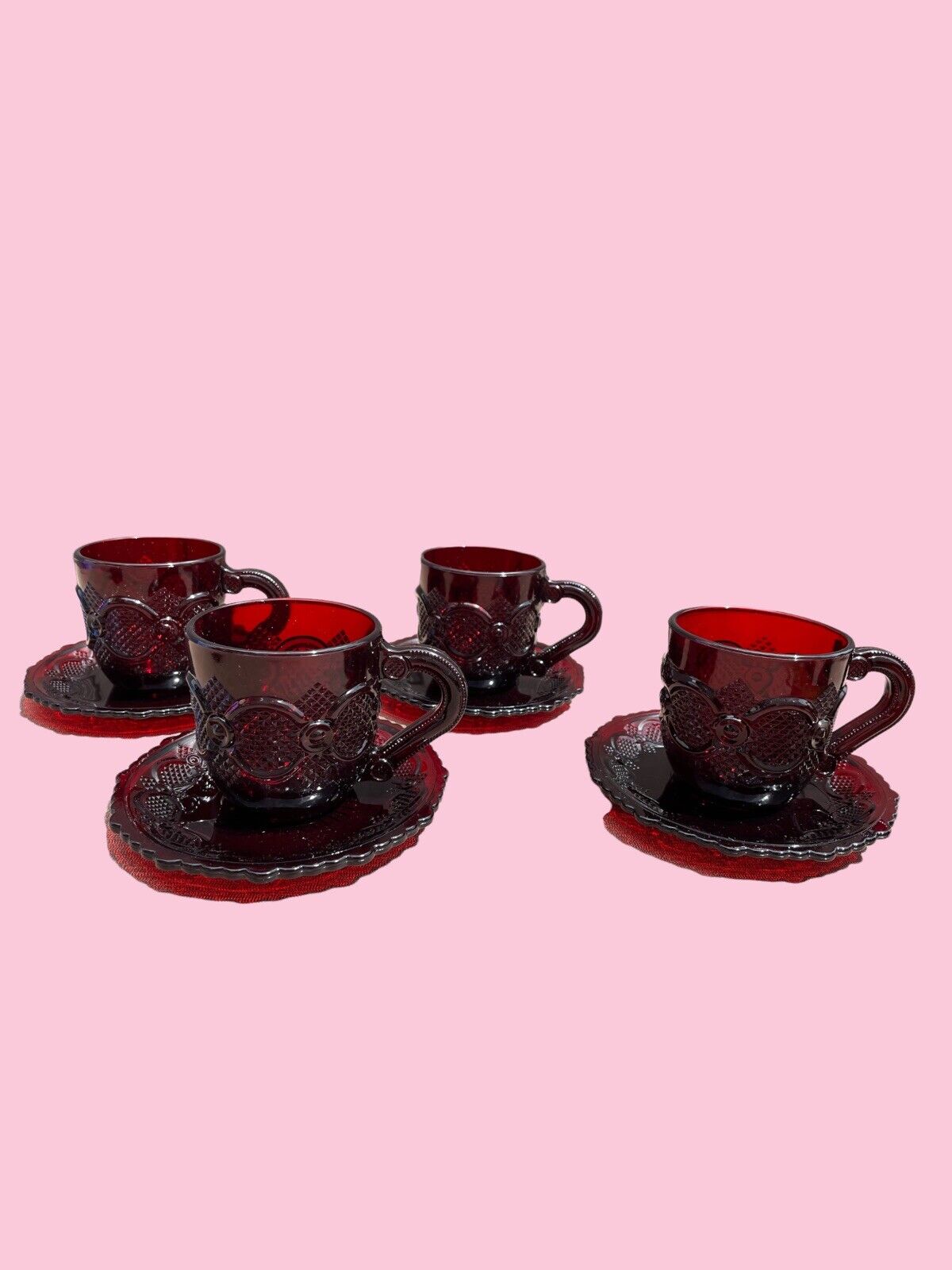 Avon Ruby Red Cape Cod 1876 Collection Vintage (4) Coffee Cup With Saucers