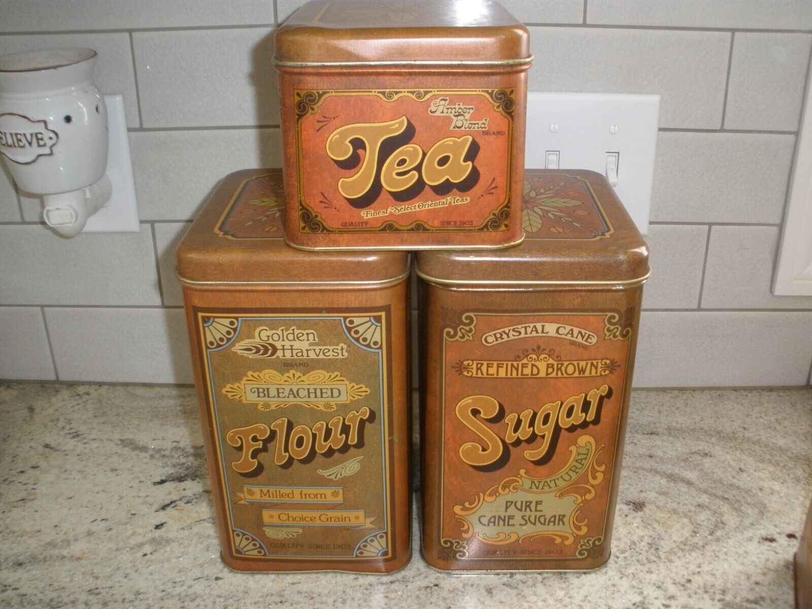 VTG 70s Set of 3 Cheinco Tin Canisters & Lids Tea  Sugar Flour Brown Metal