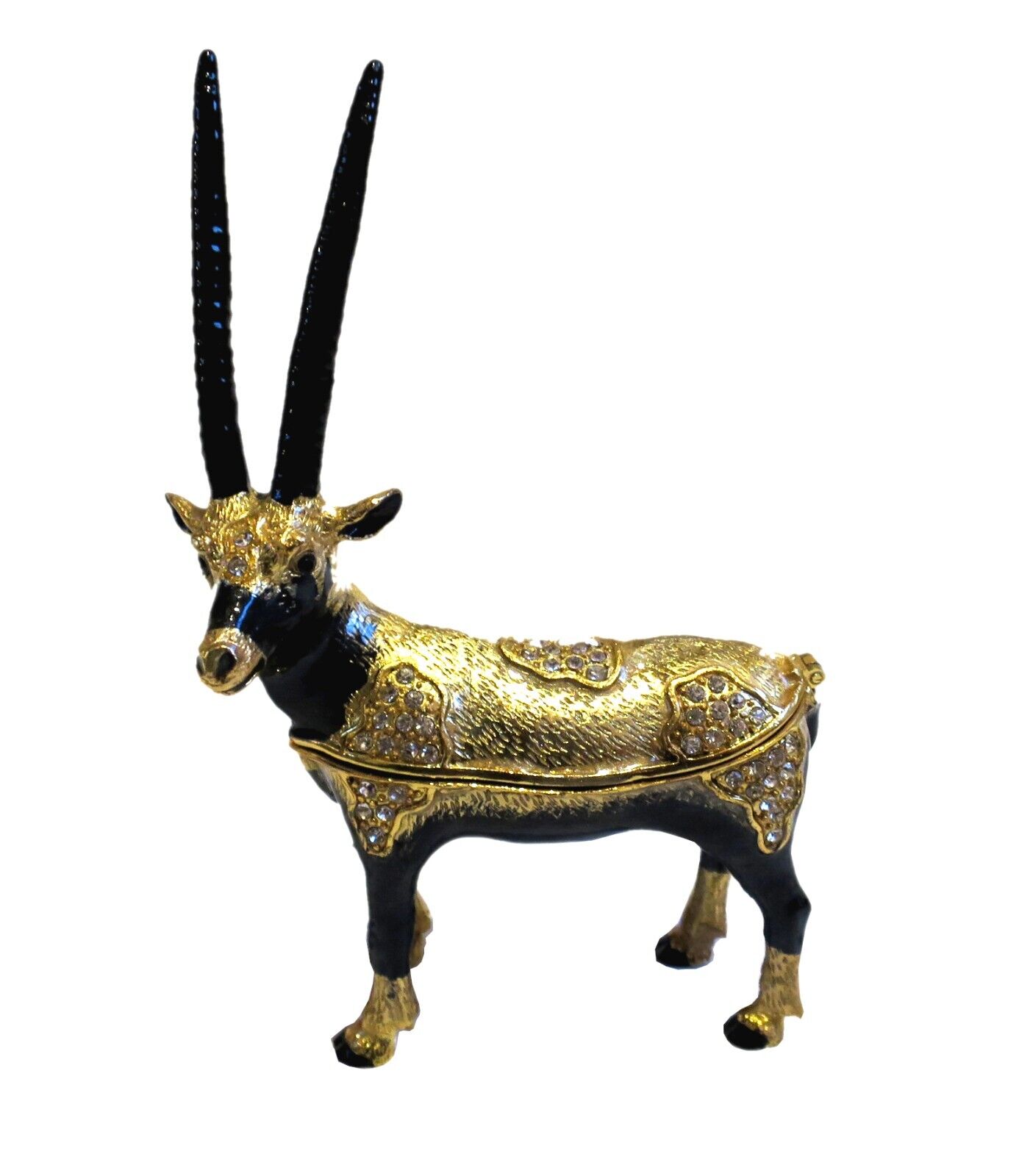 Bejeweled Box Black Tibetan Antelope Hinged Metal Enameled Crystal Trinket Box