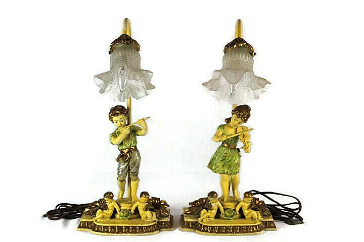 J B Hirsch Pair of  Figural Table Lamps Girl with Violin & Boy with Flute Cherub