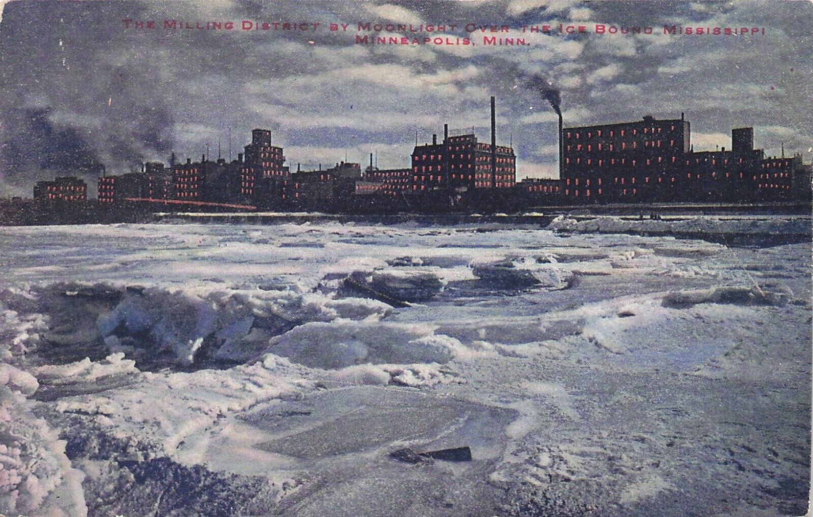Milling District By Moonlight In Winter Minneapolis Missouri 1910s Postcard