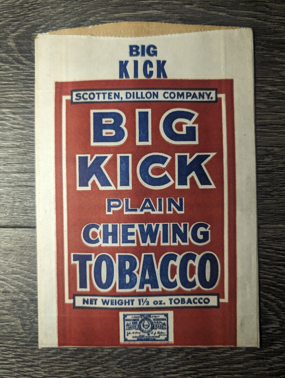 BIG KICK PLAIN CHEWING TOBACCO POUCH ADVERTISING BAG SCOTTEN,DILLON CO. 2-SIDED