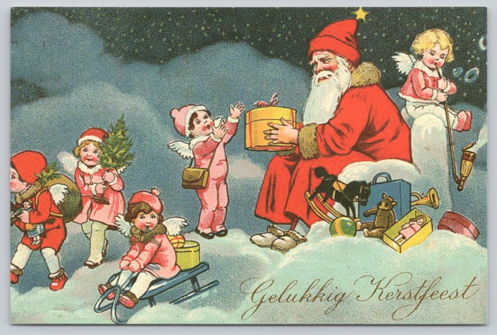 Postcard Merry Christmas Santa Little Angels on Clouds with Gifts Modern