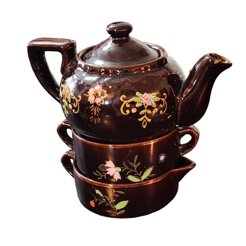 Vintage Japanese Moriage Redware Brown Teapot Matching Stackable Sugar & Creamer