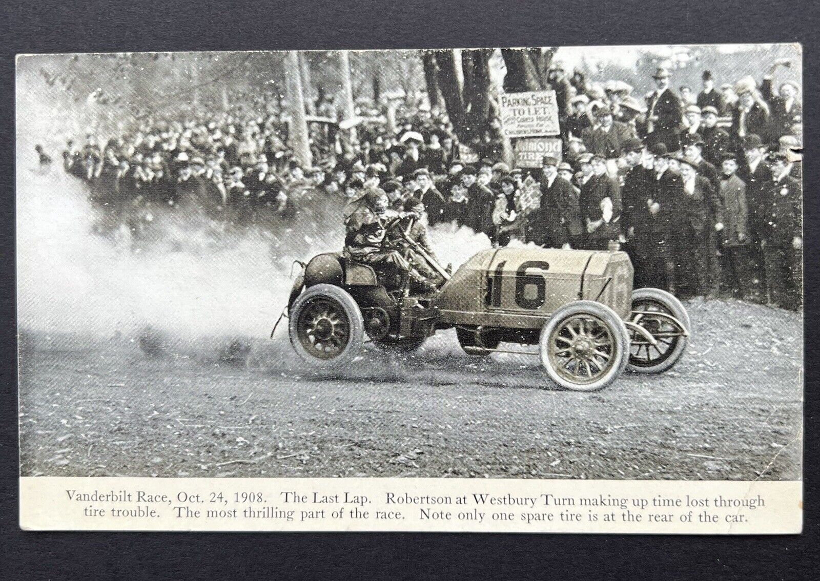 1908 Vanderbilt Cup Race Postcard/ The Last Lap/ Robertson At The Westbury Turn
