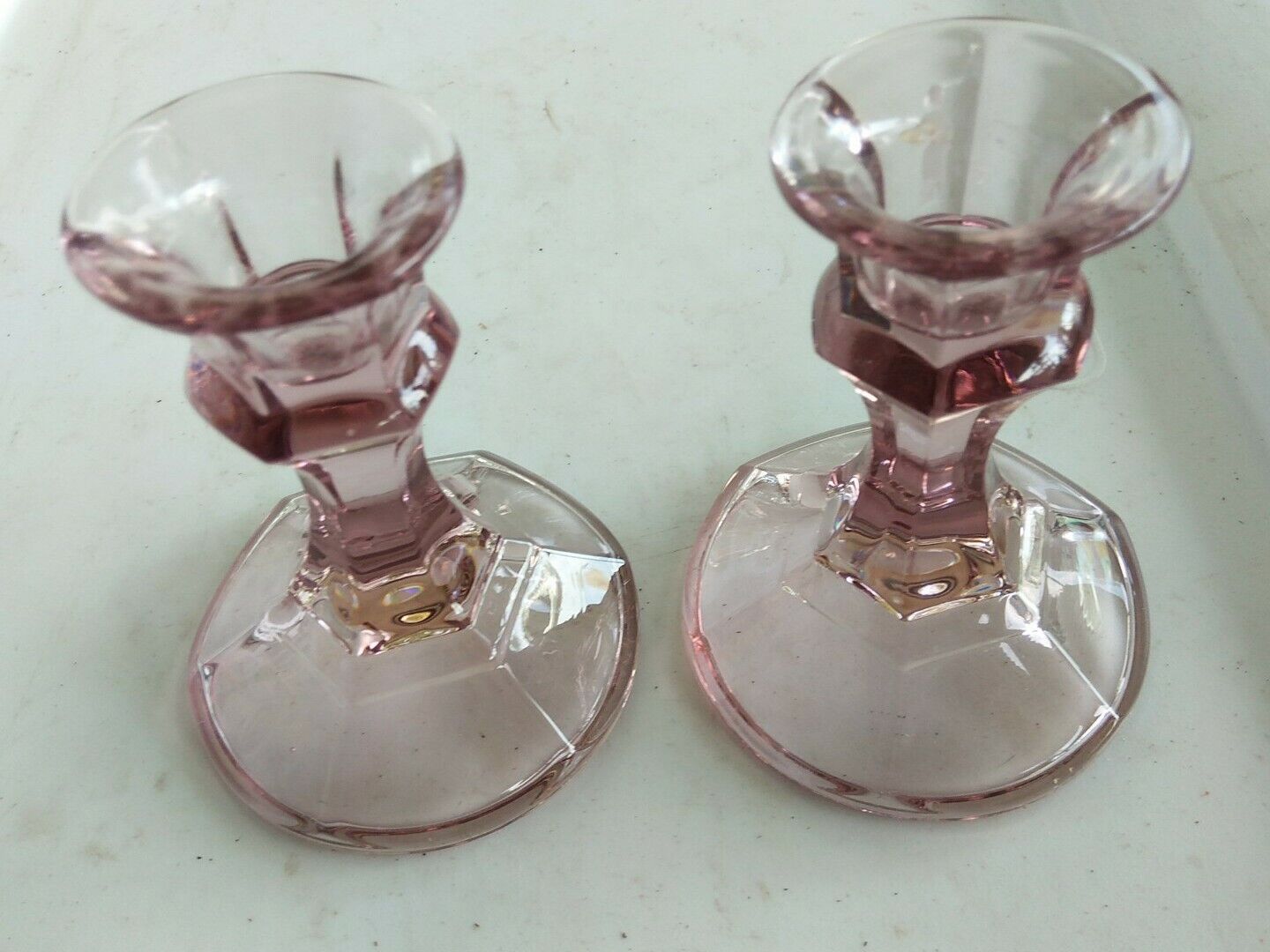 PURPLE /Amethyst GLASS  6 PANEL CANDLE HOLDERS 4 1/4” 