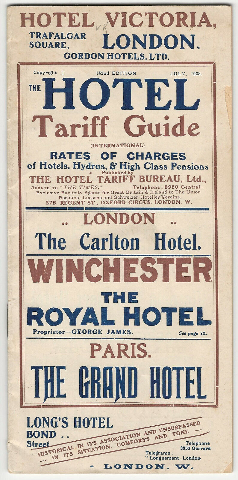 Great Britain, 1908 Hotel Tarriff Guide, Rates of Hotels, Hydros, and Pensions