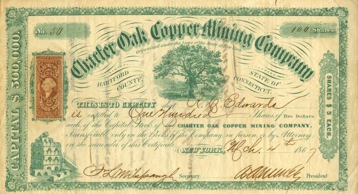Charter Oak Copper Mining Co. - Stock Certificate - Mining Stocks