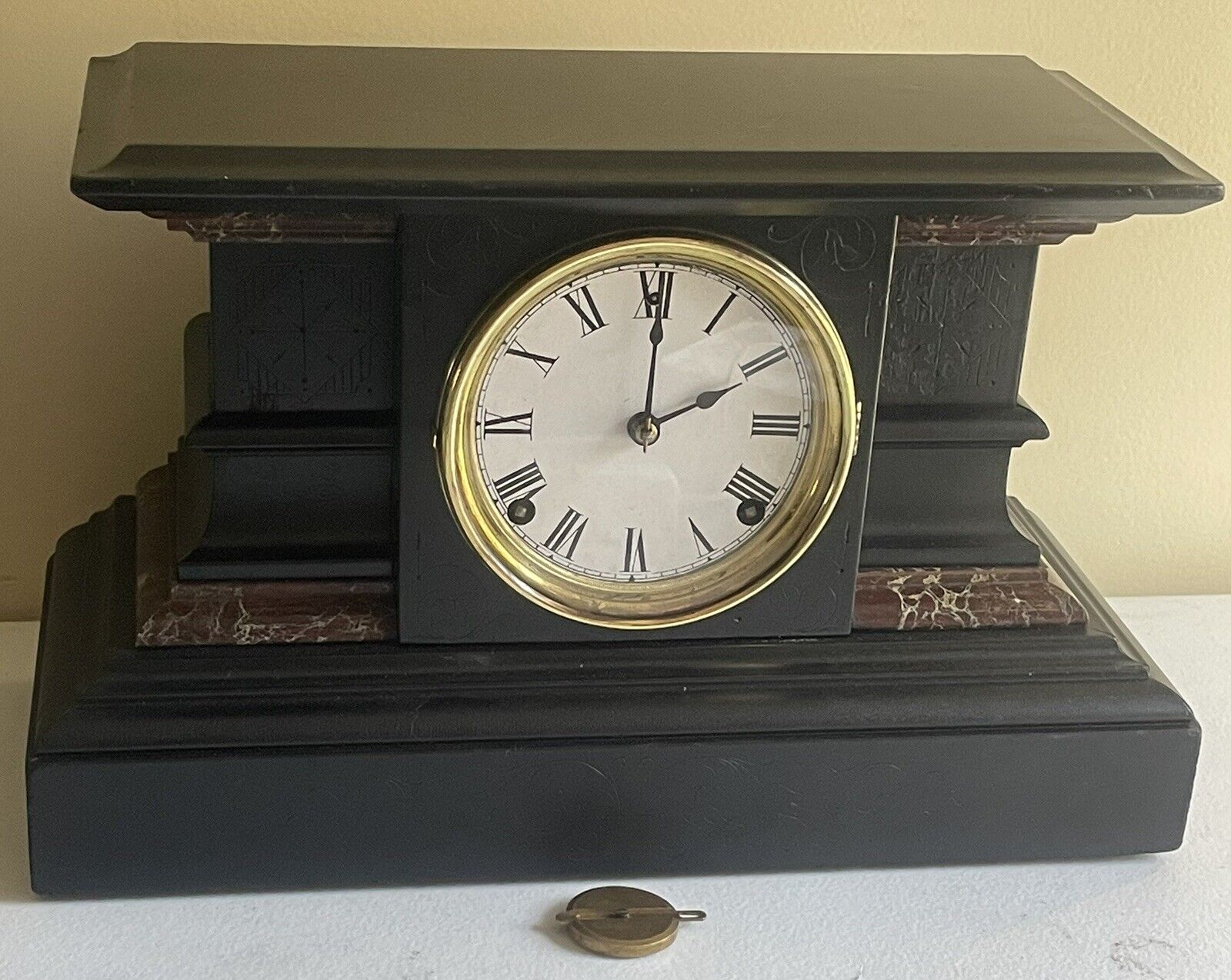 Antique EN Welch 8 Day Mechanical Black Mantle Shelf Gong Chime Deco Clock