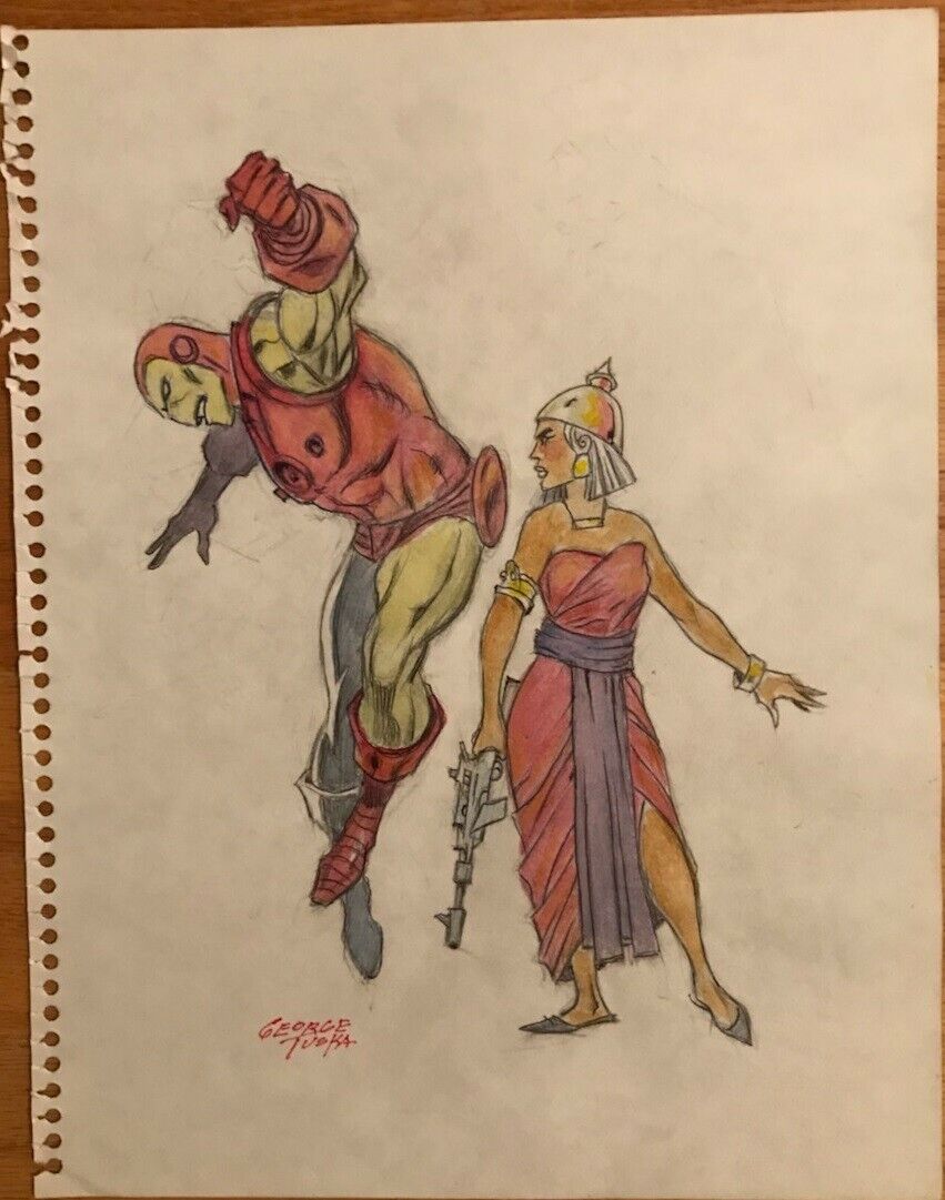 Color IRON MAN and Exotic Woman with gun by George TUSKA signed Original Art