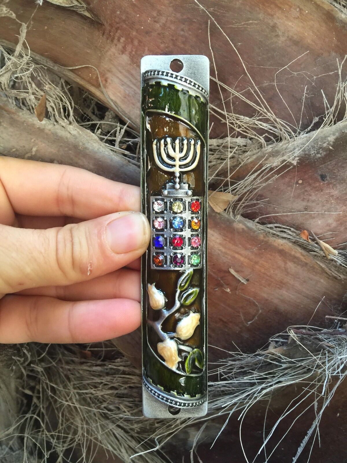  Enamel Door Mezuzah Decorated Case with Menorah Hoshen 12 Tribes Jerusalem 5``