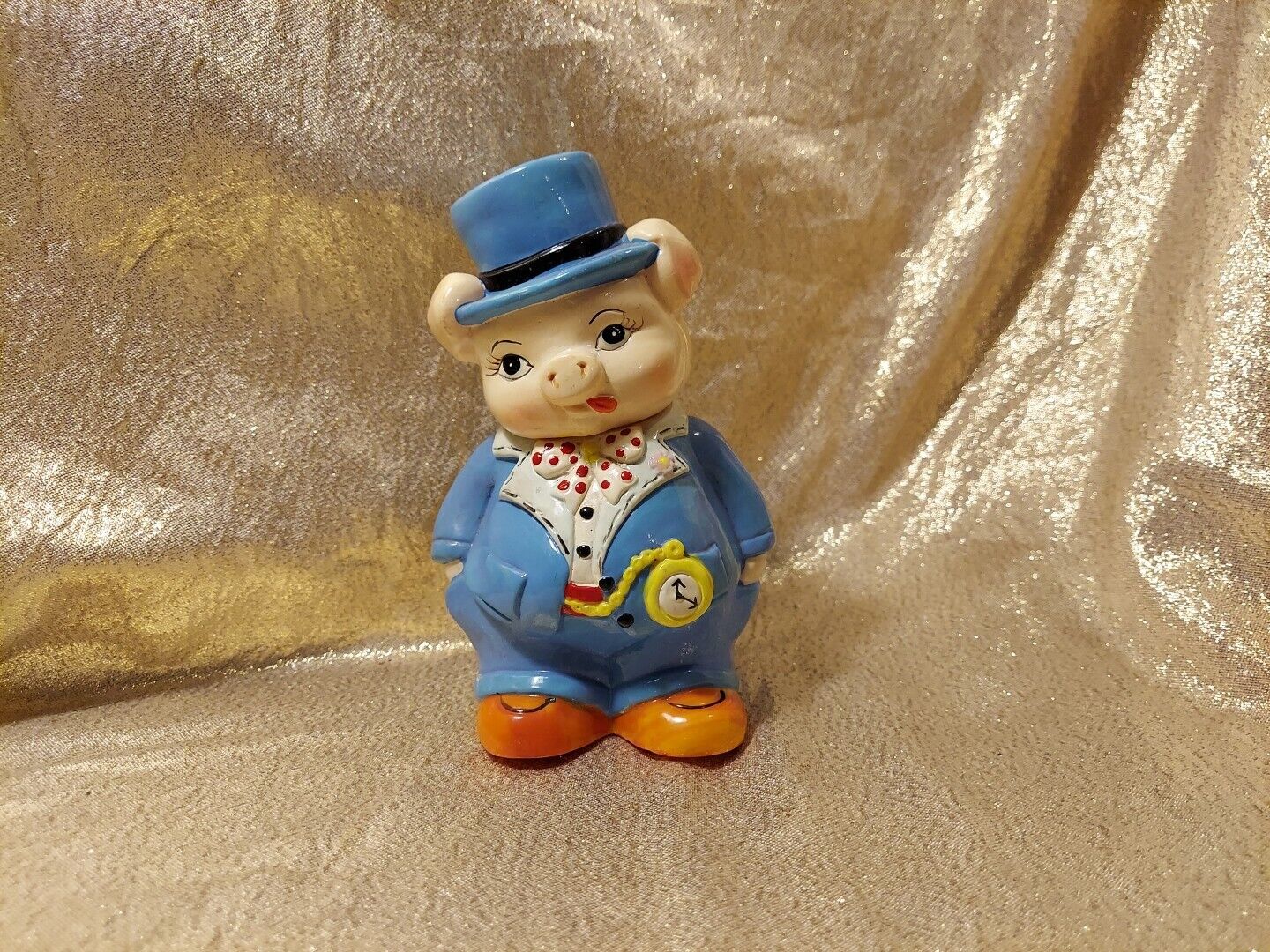 Vintage 80s Small World Importing Mr. Piggy Bank Fancy Pig Groom Plastic 6.5\