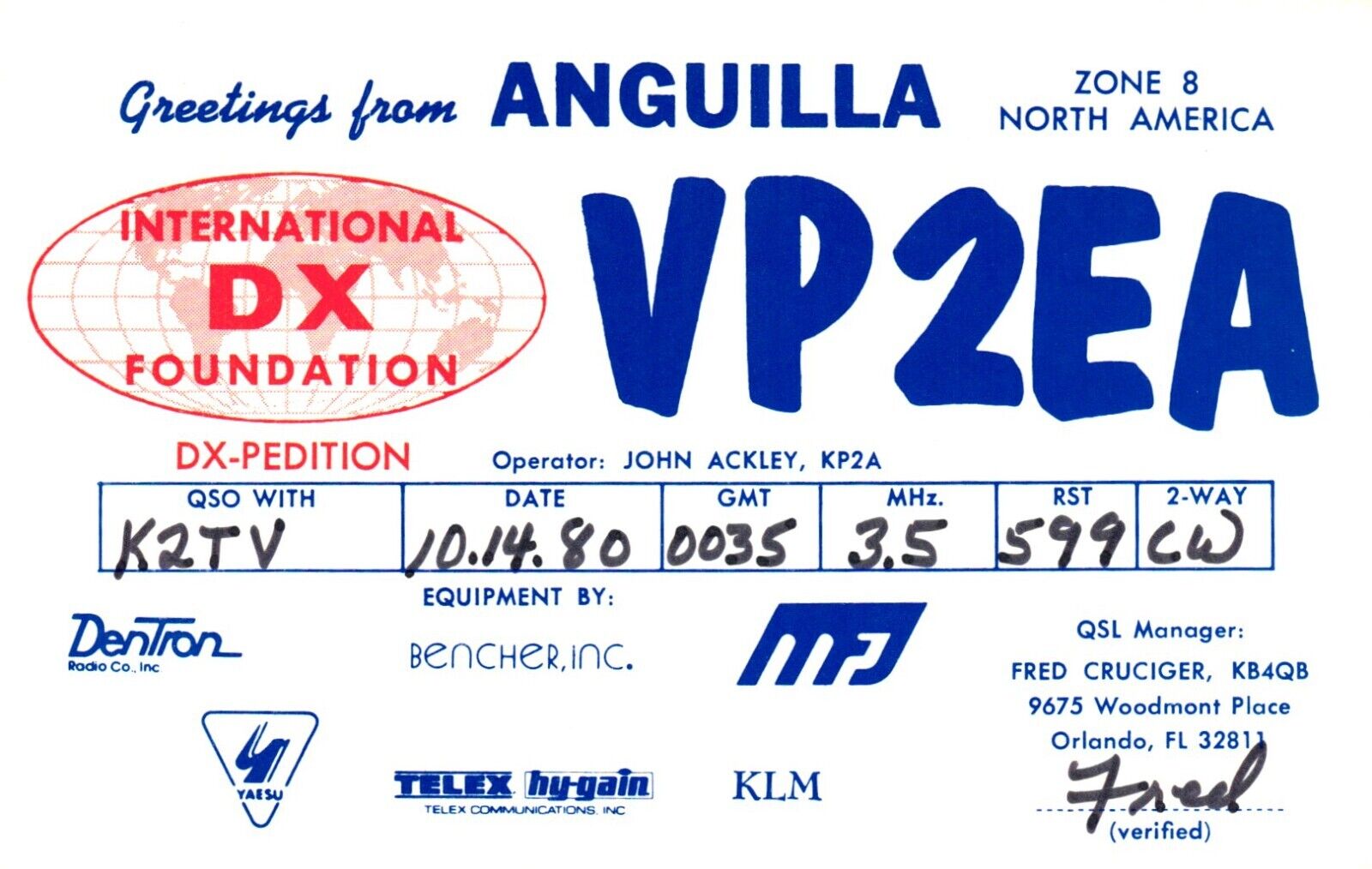 Anguilla British West Indies VP2EA QSL Radio Postcard