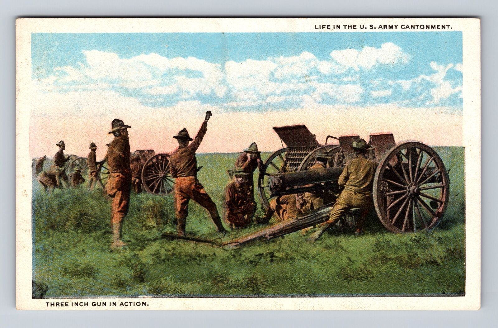 Life In The US Army Cantonment, Three Inch Gun In Action Vintage Postcard