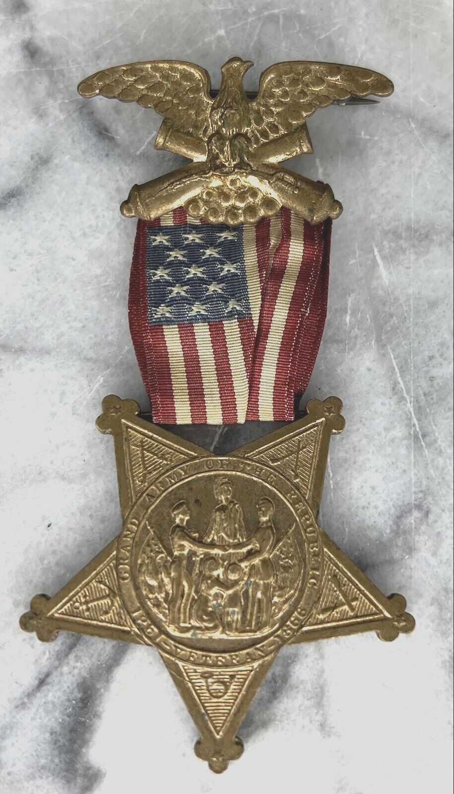 Vintage G.A.R. Type V Campfire Membership Badge & Flag Ribbon Military Medal