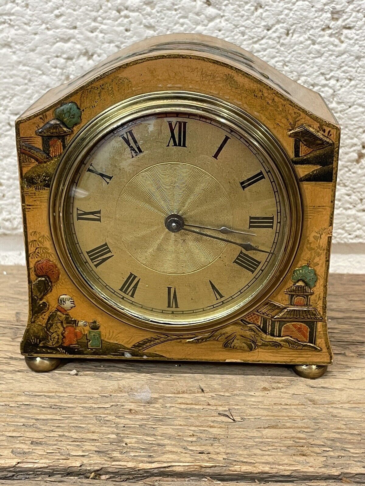 Antique Lacquered Chinoiserie Mantle Clock. Working