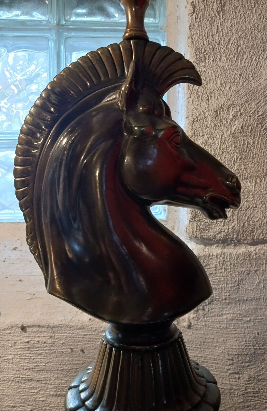 Vintage MCM Metal Brass Tone Horse Head Lamp With Original Globe Shade