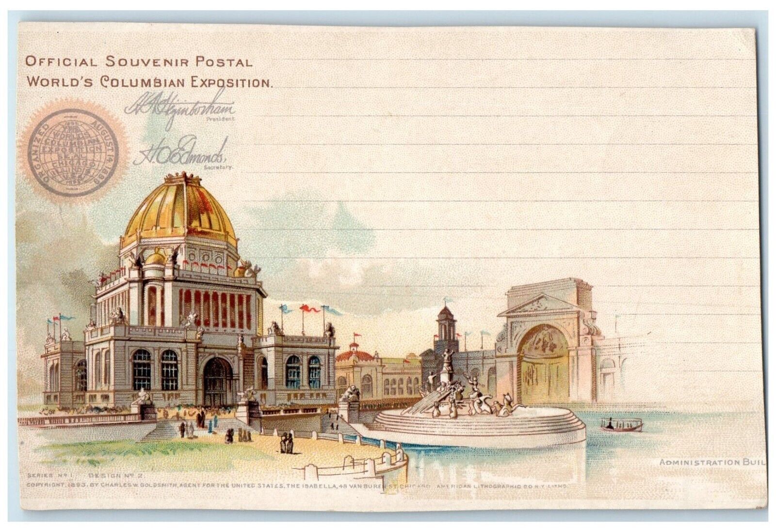 c1893 Official Souvenir Postal World's Columbian Exposition Building Postcard