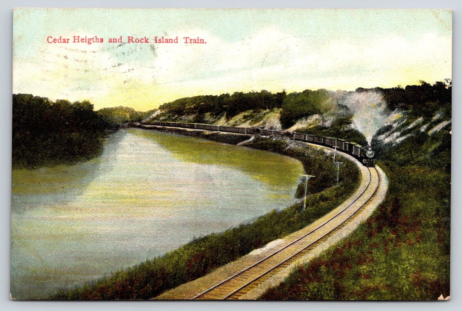 Original Old Vintage Postcard Rock Island Train Cedar River Cedar Heights Iowa