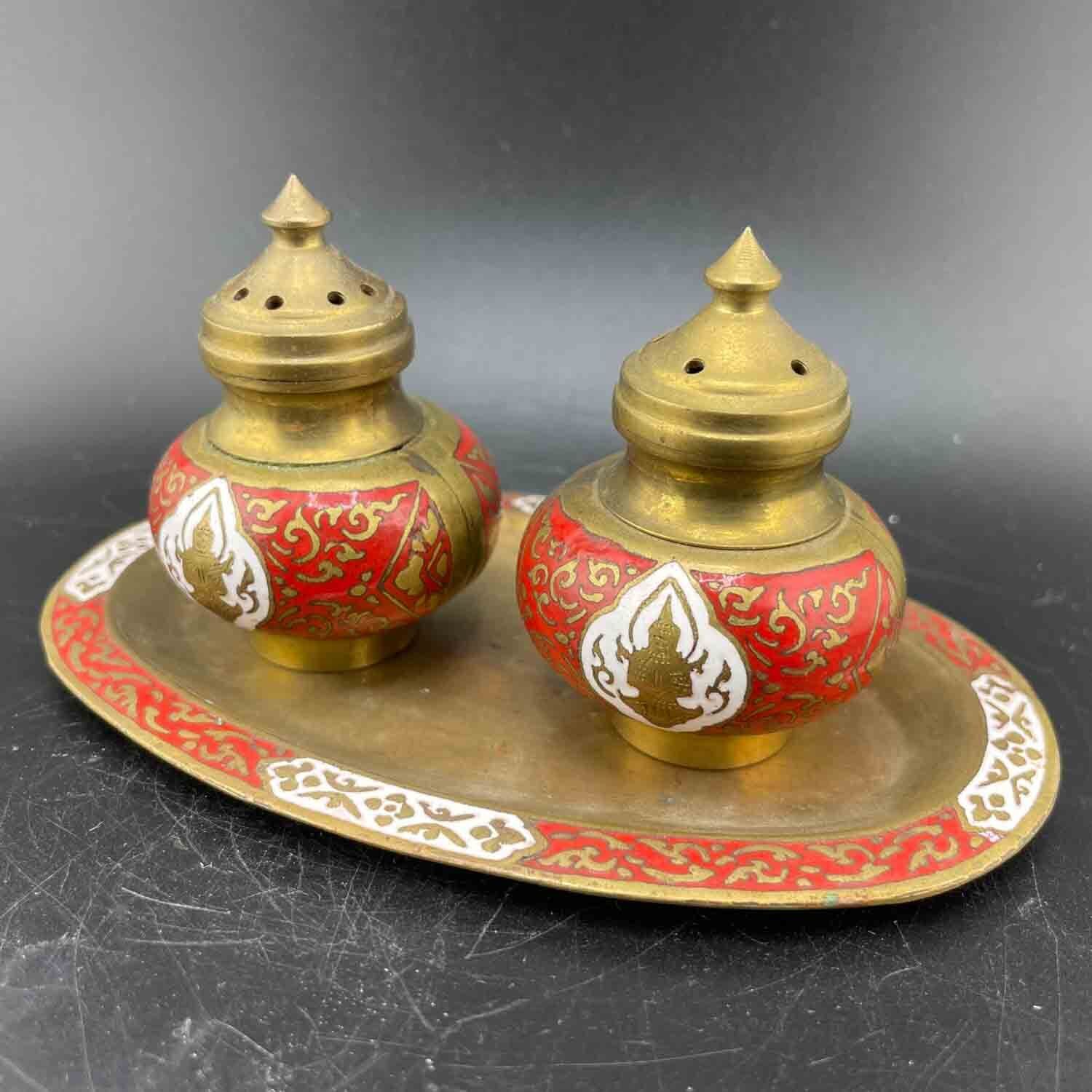 Vintage Red & White Painted Brass Salt and Pepper Shakers + Dish (Indian)