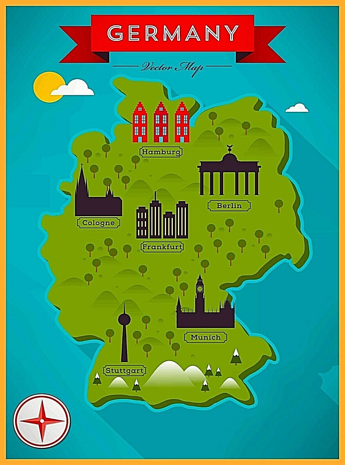 Map of Germany Berlin Hamburg Cologne Retro Travel Art Poster Print