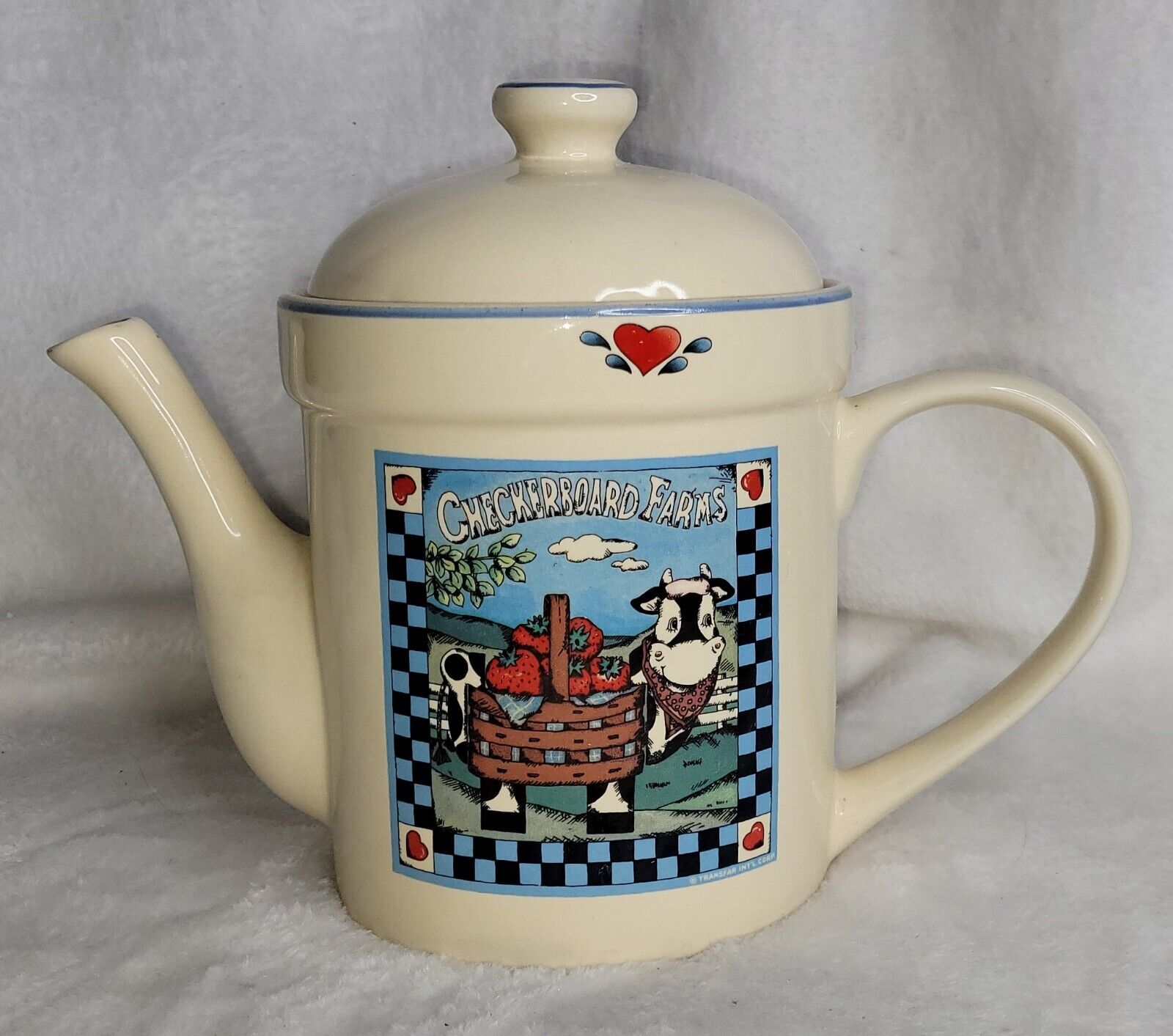 Transfer Int\'l Corp Checkerboard Farms COW Pattern Stoneware Teapot