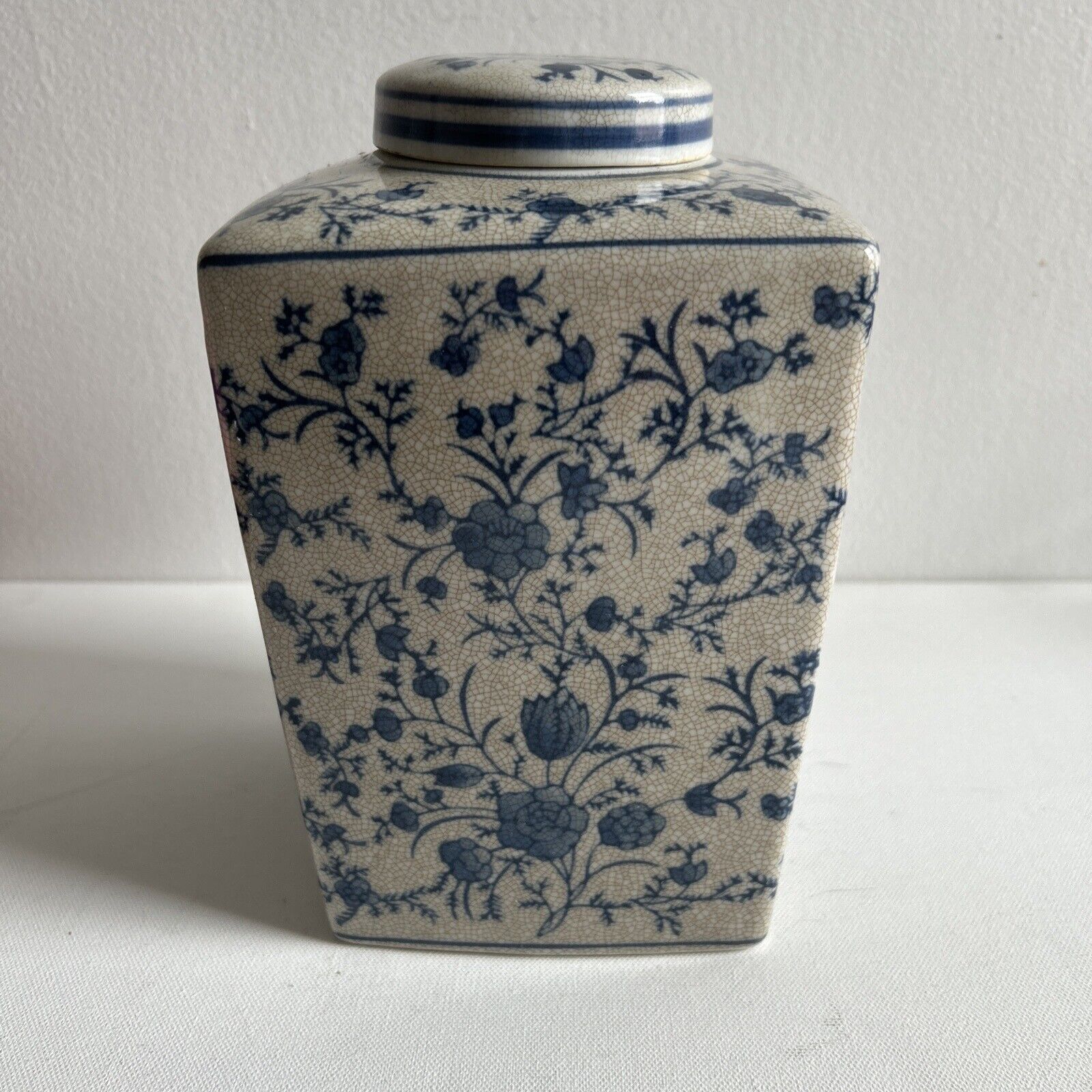 Square Blue & White Ginger Jar,  Chinese Porcelain Decor,
