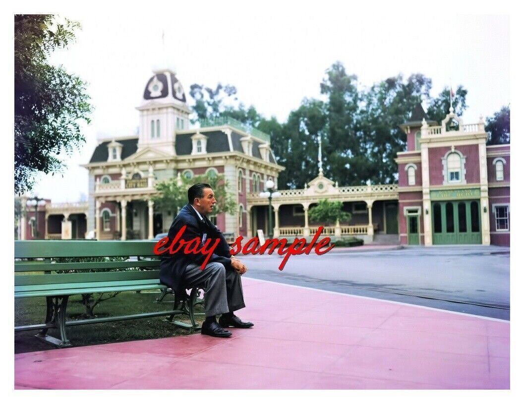 WALT DISNEY COLOR CANDID PHOTO - Sitting in Disneyland's Town Square, Circa 1955