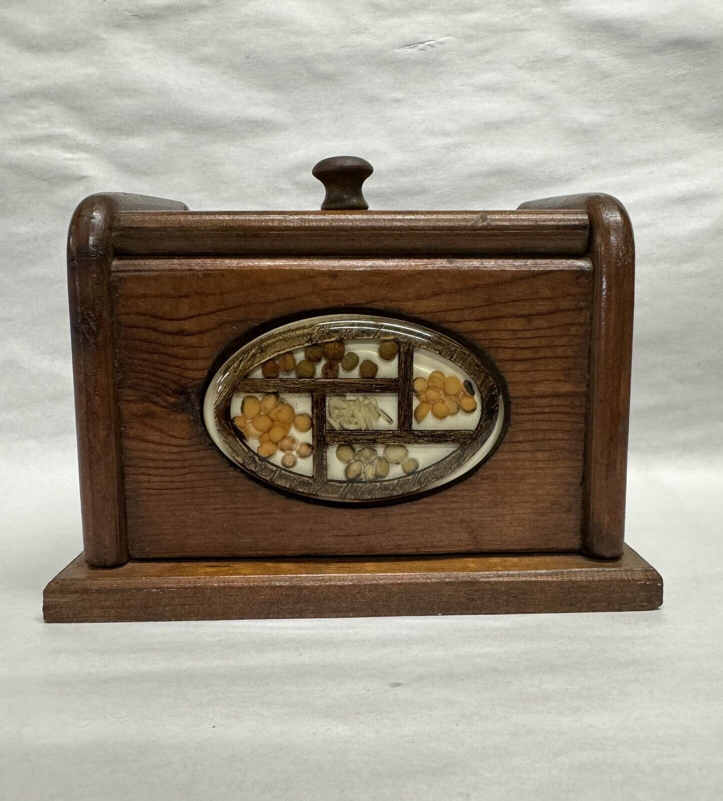 Vintage Wooden Recipe Box With Dried Seed Decoration.