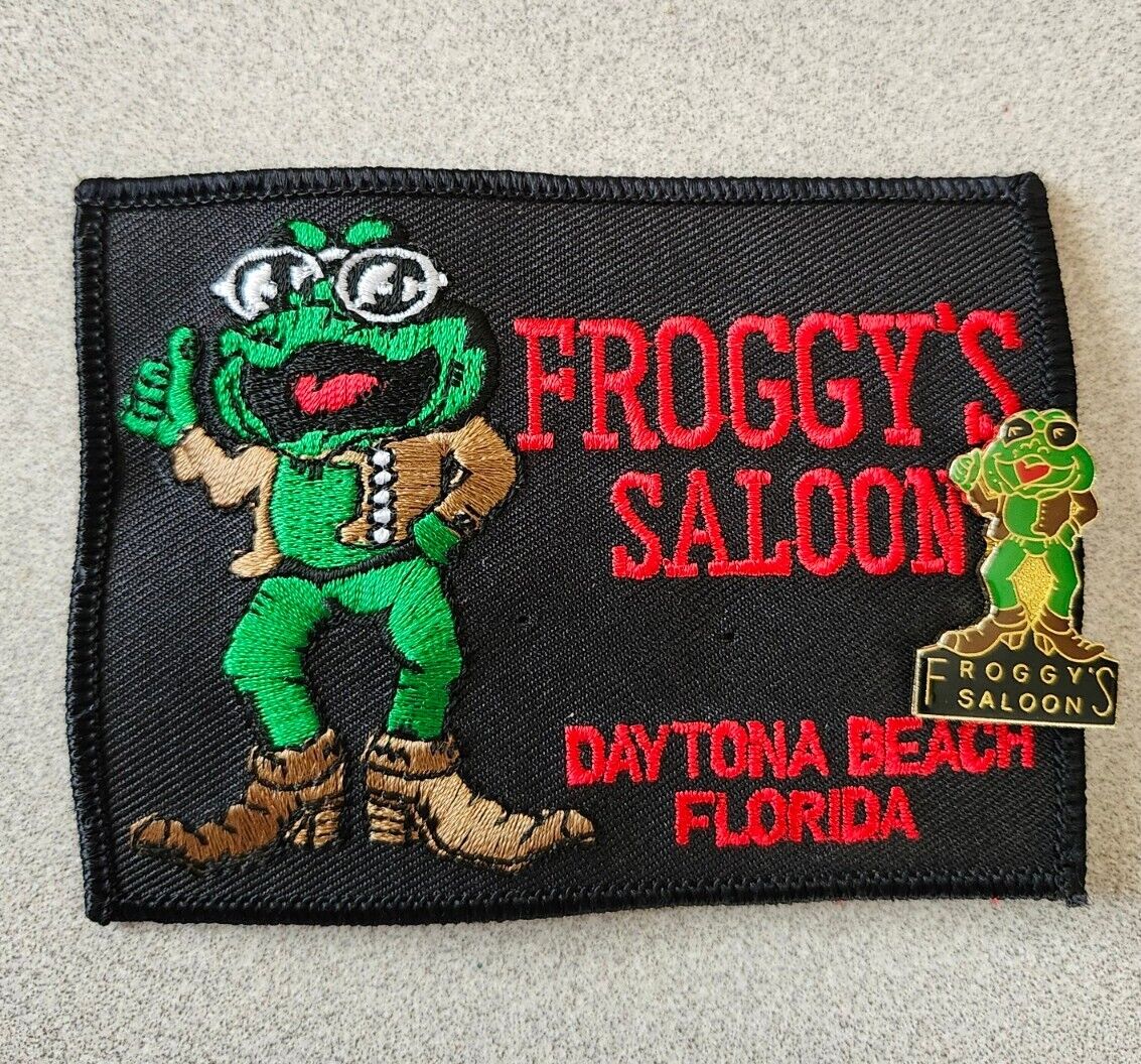 Vintage Froggy's Saloon Motorcycle Patch Pin Set Daytona Beach Bike Week Biker 