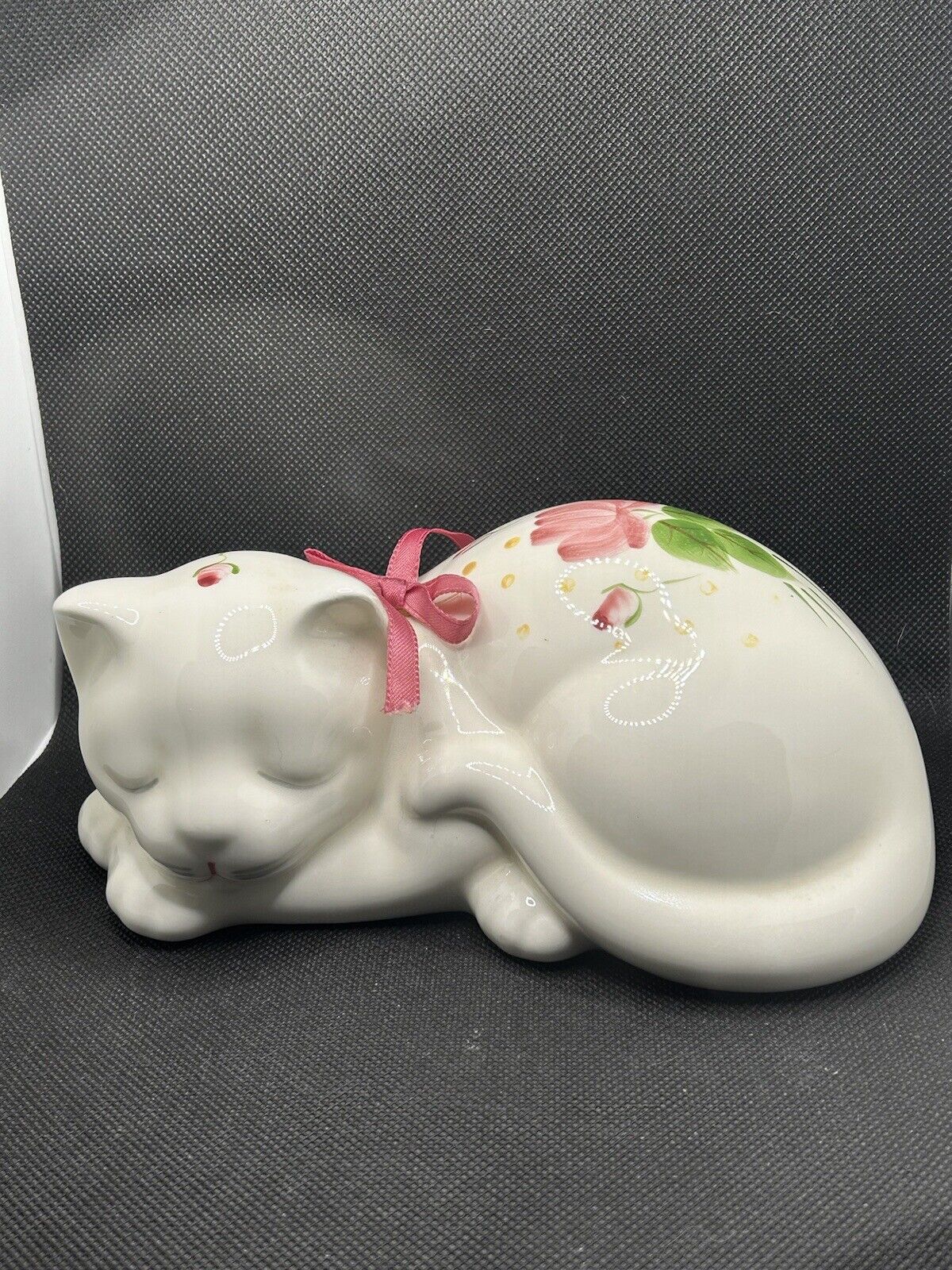 Vintage Lasting Products USA Ceramic Sleeping Cat Figurine w/ Hand Painted Roses