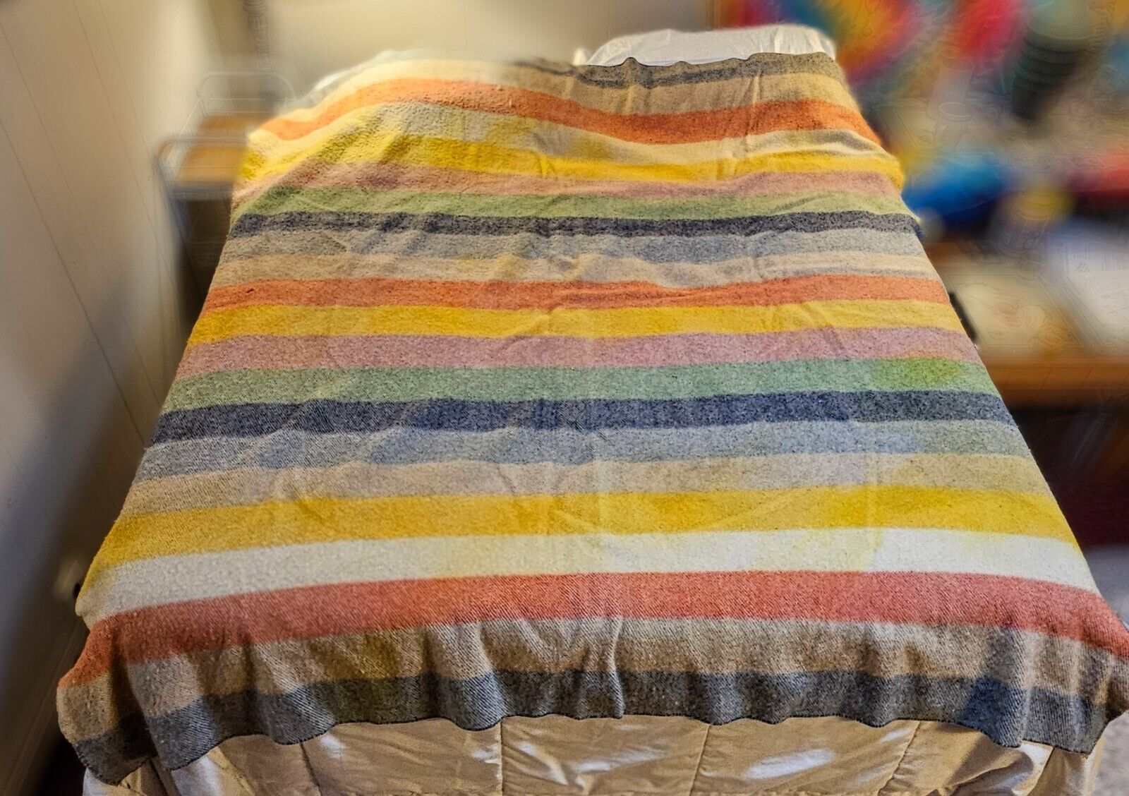 Vintage 1950s 100% Wool Striped Rainbow Blanket 75” X 68” *No Tag 