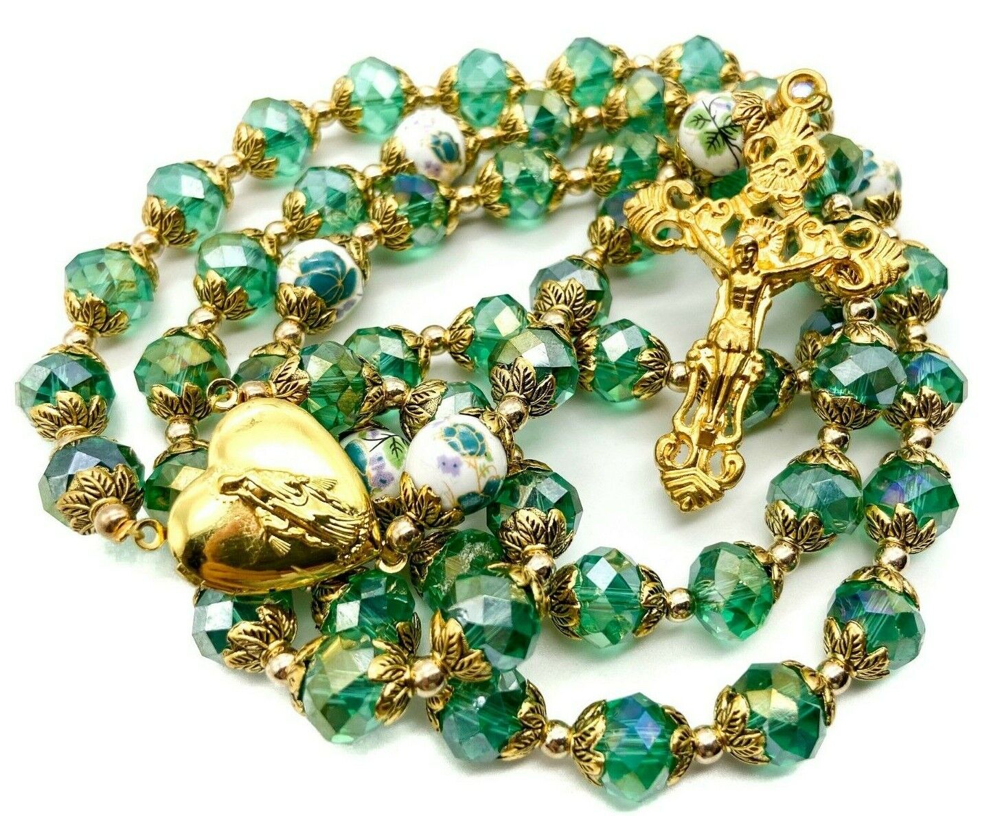 Catholic Green Crystals Beads Gold Rosary Necklace Miraculous Medal