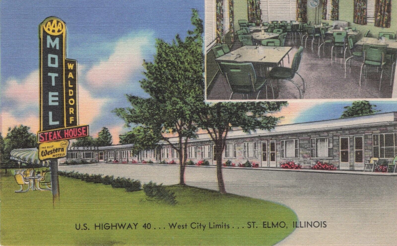 St Elmo Illinois IL Waldorf Motel & Steakhouse Vintage Linen Postcard
