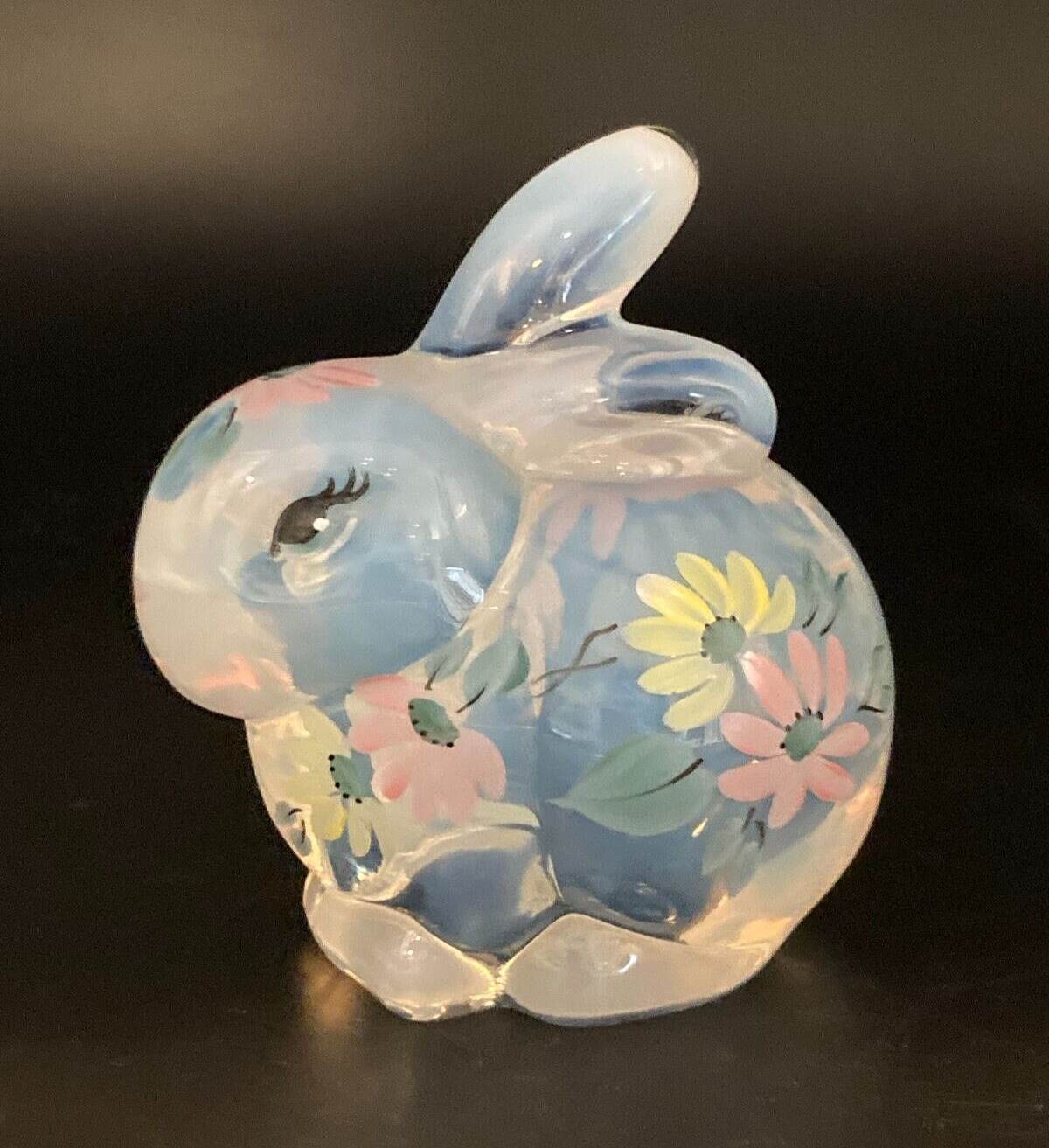 Fenton Glass Clear Opalescent Bunny Rabbit Figurine Hand Painted & Artist Signed