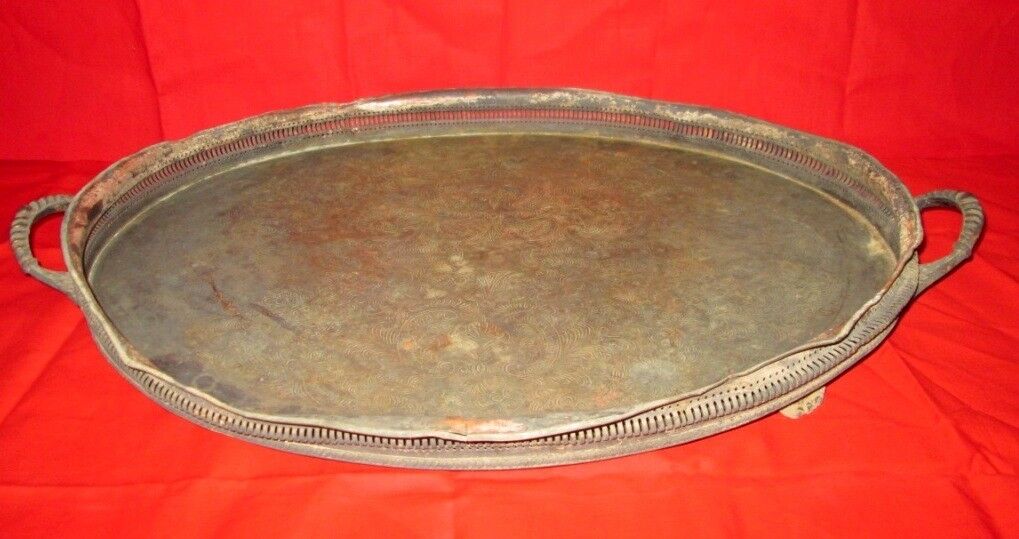 1800 Vintage Collectible Hand Engraved Design Silver Plated Copper Tray / Plate