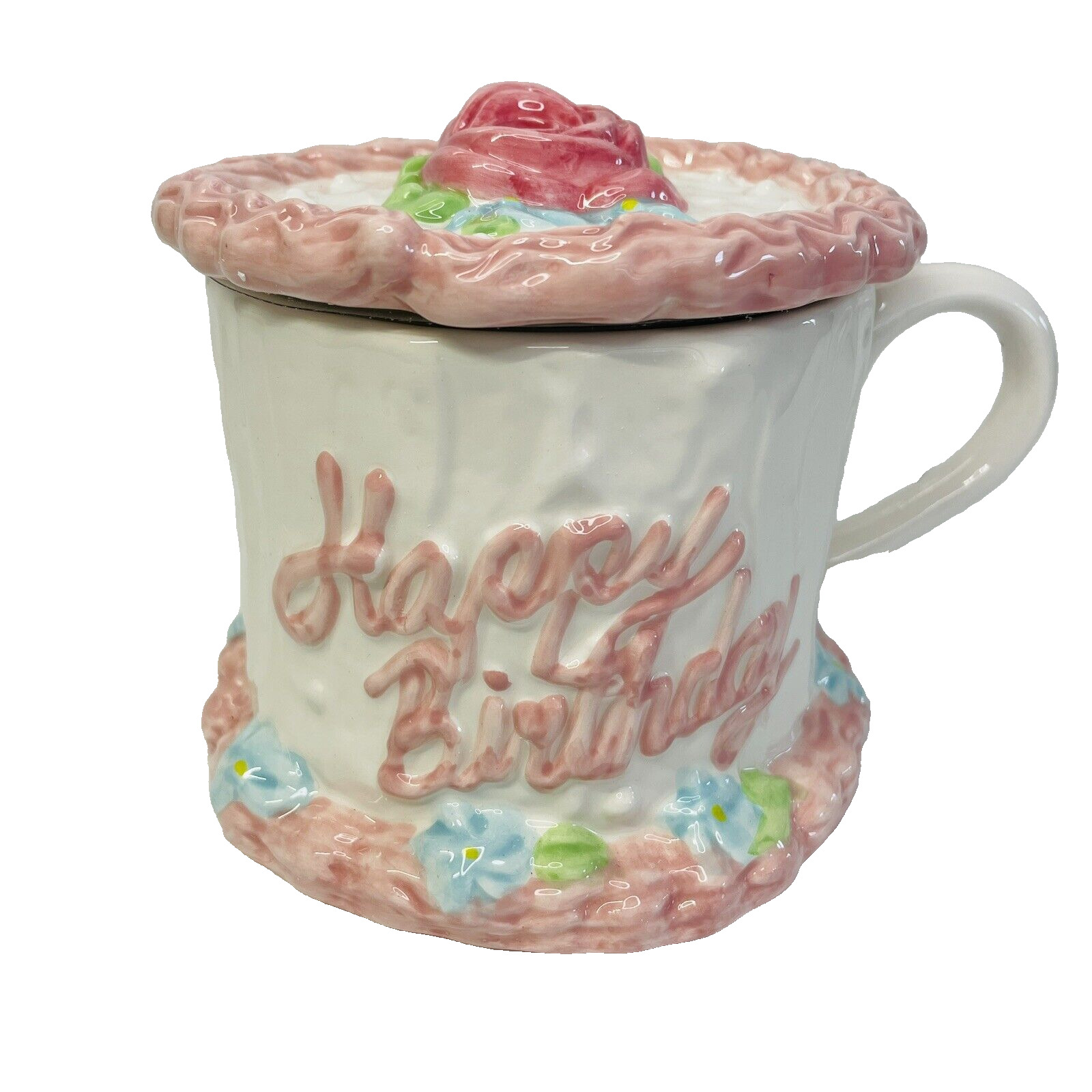 VTG NEW Teleflora Gift Happy Birthday Floral Cake Mug Covered Cup Lid Pick *flaw