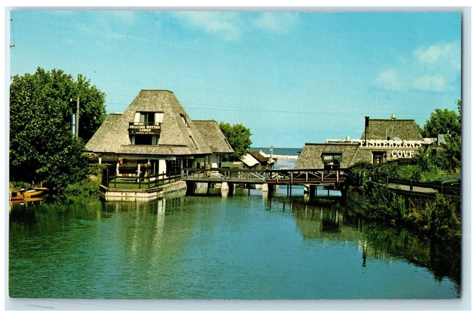 c1960's Falling Water Lodge Scene Leland Michigan MI Unposted Vintage Postcard