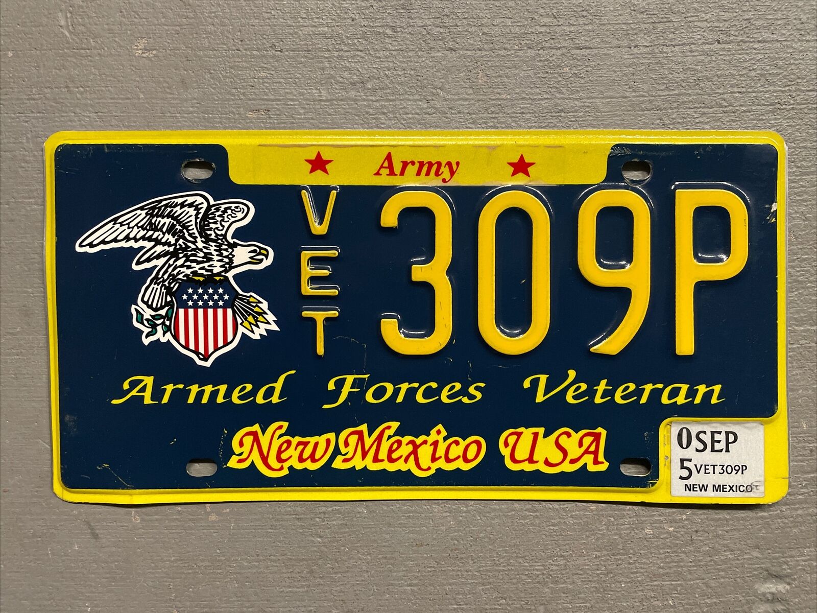 VINTAGE NEW MEXICO LICENSE PLATE ARMED FORCES VETERAN/ARMY SEPTEMBER 2005