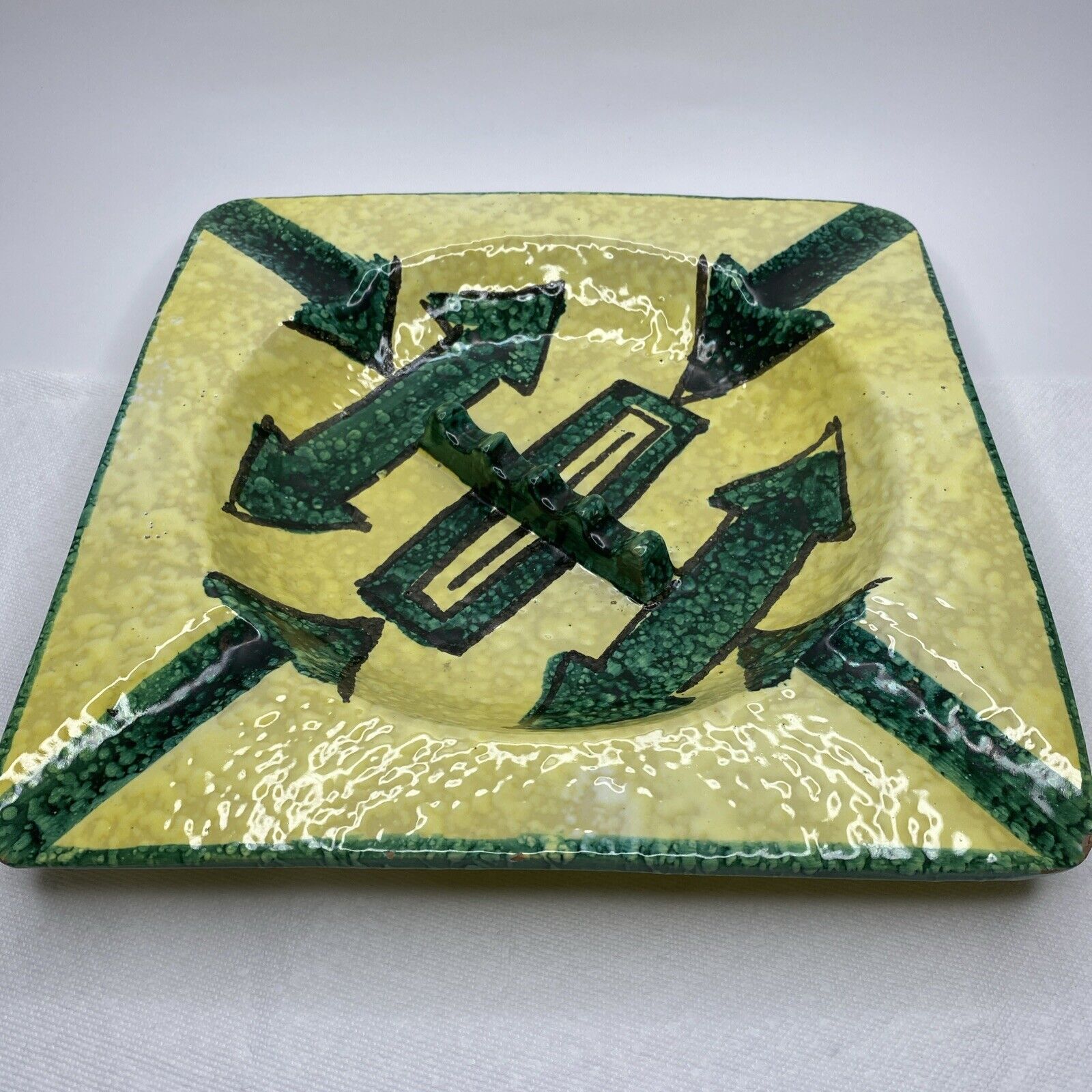 Vintage Large Heavy Green and Yellow Speckled Ceramic Ashtray Made in Italy