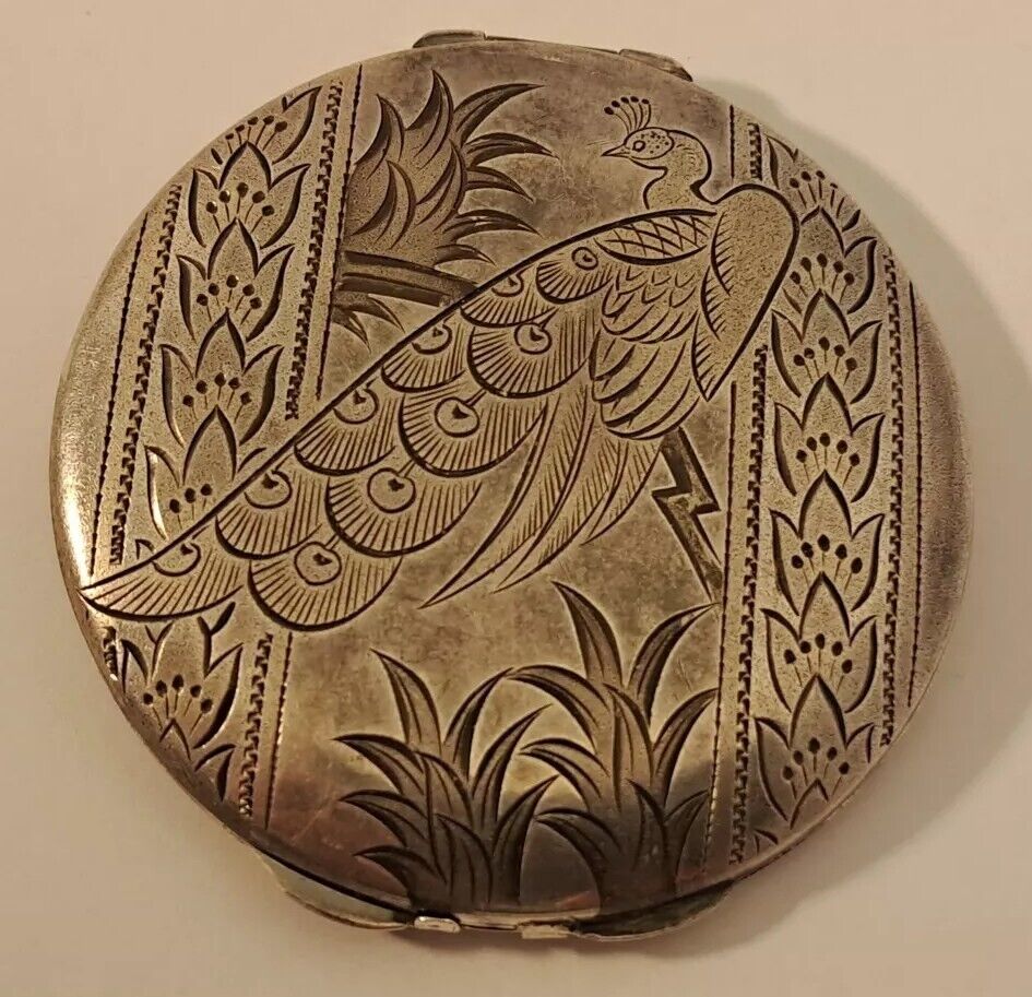 ART DECO JAPANESE Antique Sterling Silver Compact LOUTUS PEACOCK Hand Engraved