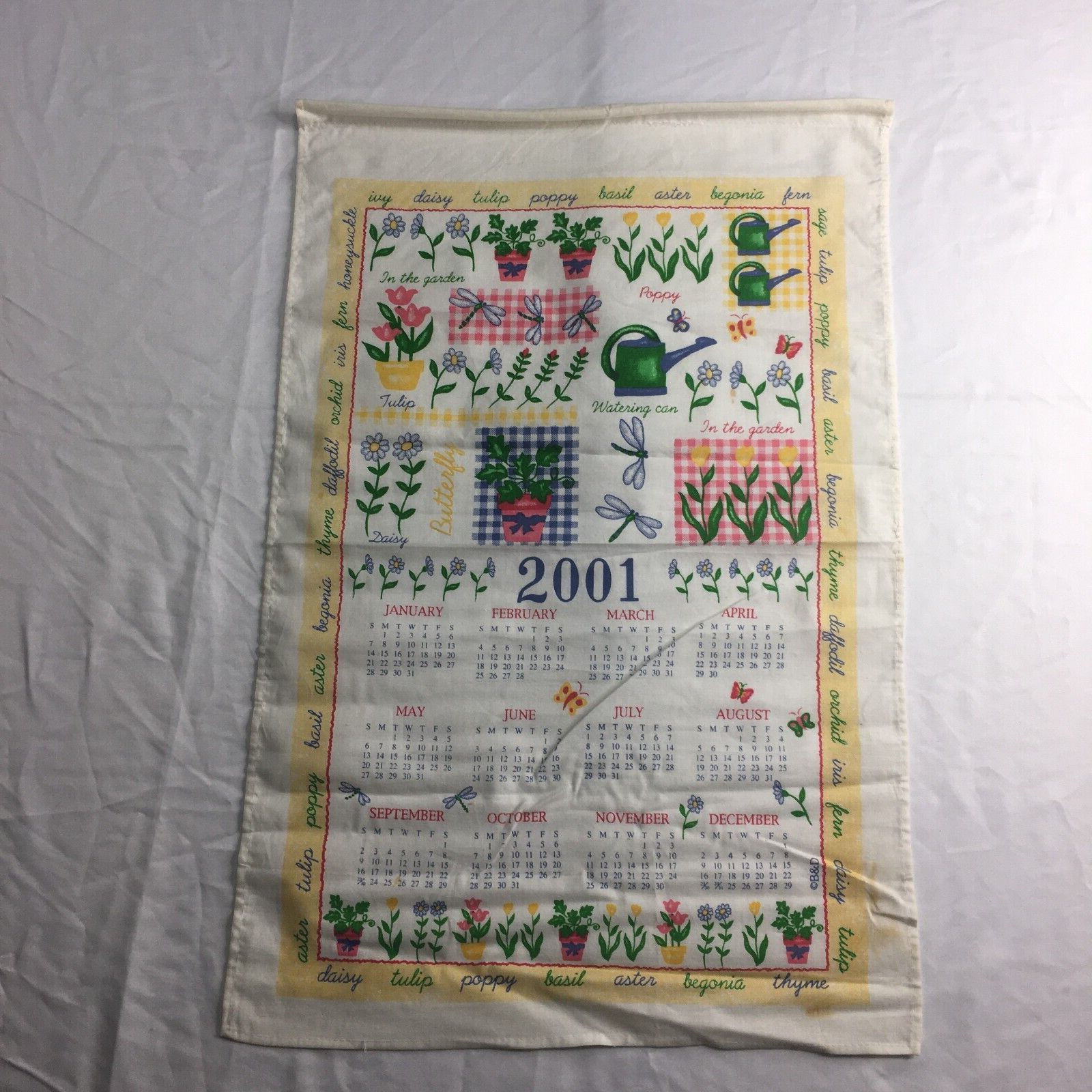 Vintage Cloth Calendar 2001 Wall Hanging Cloth Material Cute Flower Garden