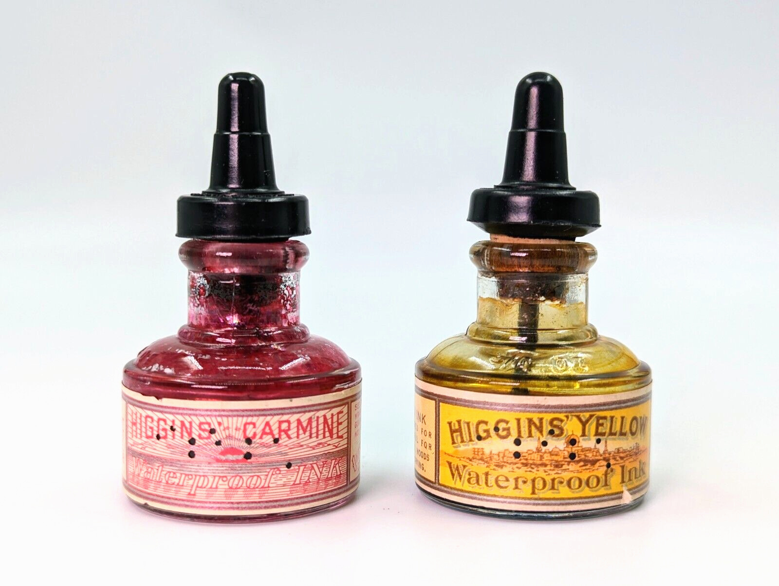 2 Early 1900’s Higgins Ink ¾ oz. Bottles w/Original Labels Carmine Red & Yellow