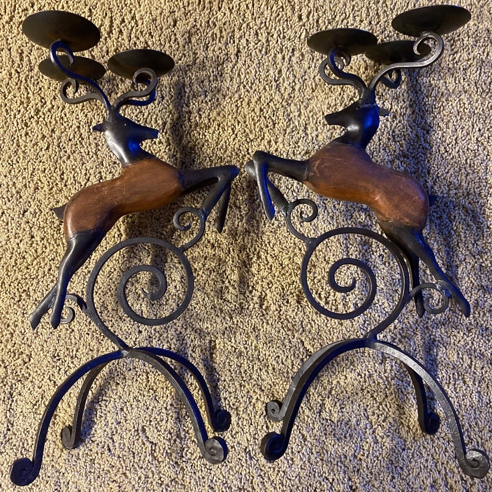 Pier 1 Wrought Iron Reindeer Candle Holder 20” Wood Leaping Deer LOT 2 *EUC Xmas