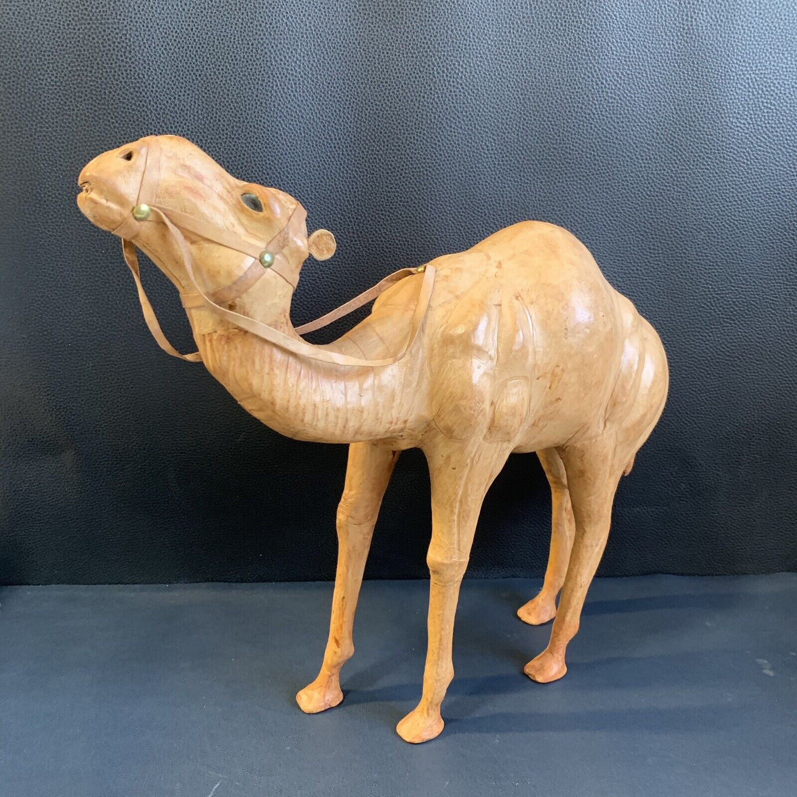Leather Camel Statue Figure 14” Hand Made, Glass Eyes, Molded Leather Nativity