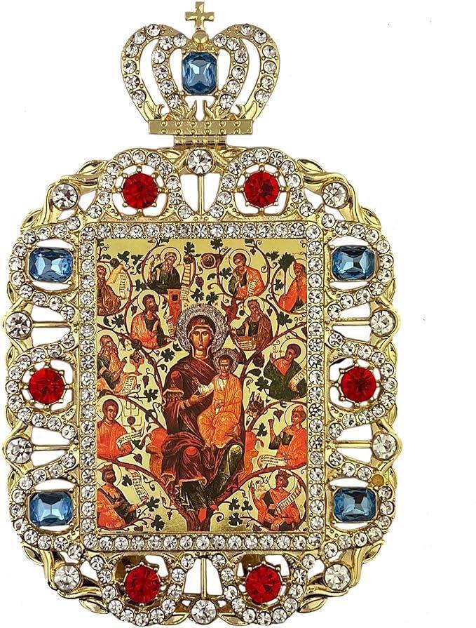 Ornate The Jesse Tree Greek Byzantine Family Gold Tone Easel Framed Icon 5.75 In